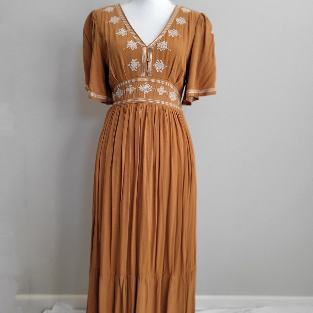 Embroidered Flutter Sleeve Dress